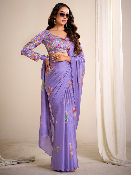 Lavender Lavendar Party Wear Chiffon Printed Saree