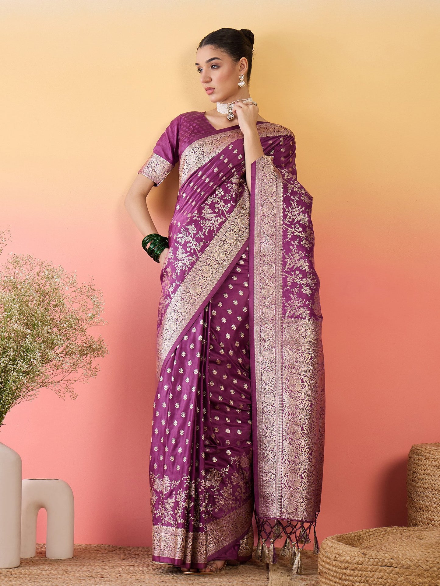 Purple Banarasi Satin Silk Woven Saree