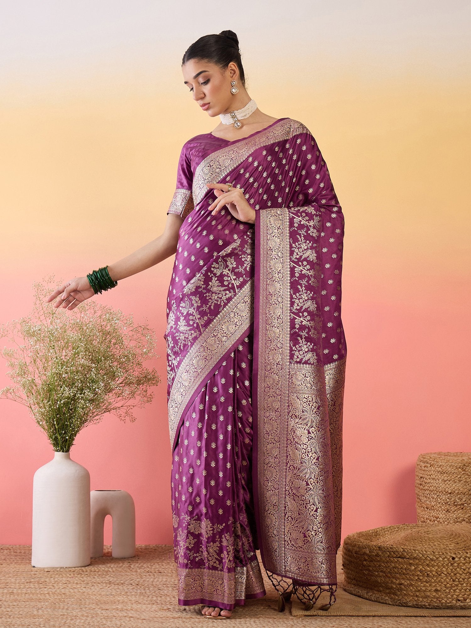 Purple Purple Banarasi Satin Silk Woven Saree