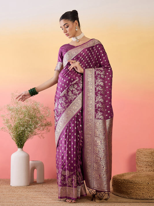 Purple Purple Banarasi Satin Silk Woven Saree