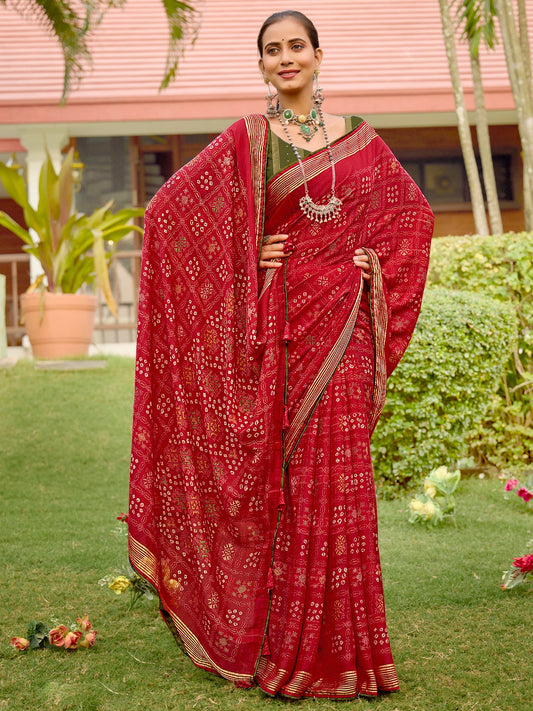 Red Red Bandhani Chiffon Printed Saree