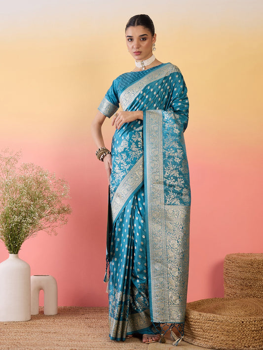 Blue Light Banarasi Satin Silk Woven Saree