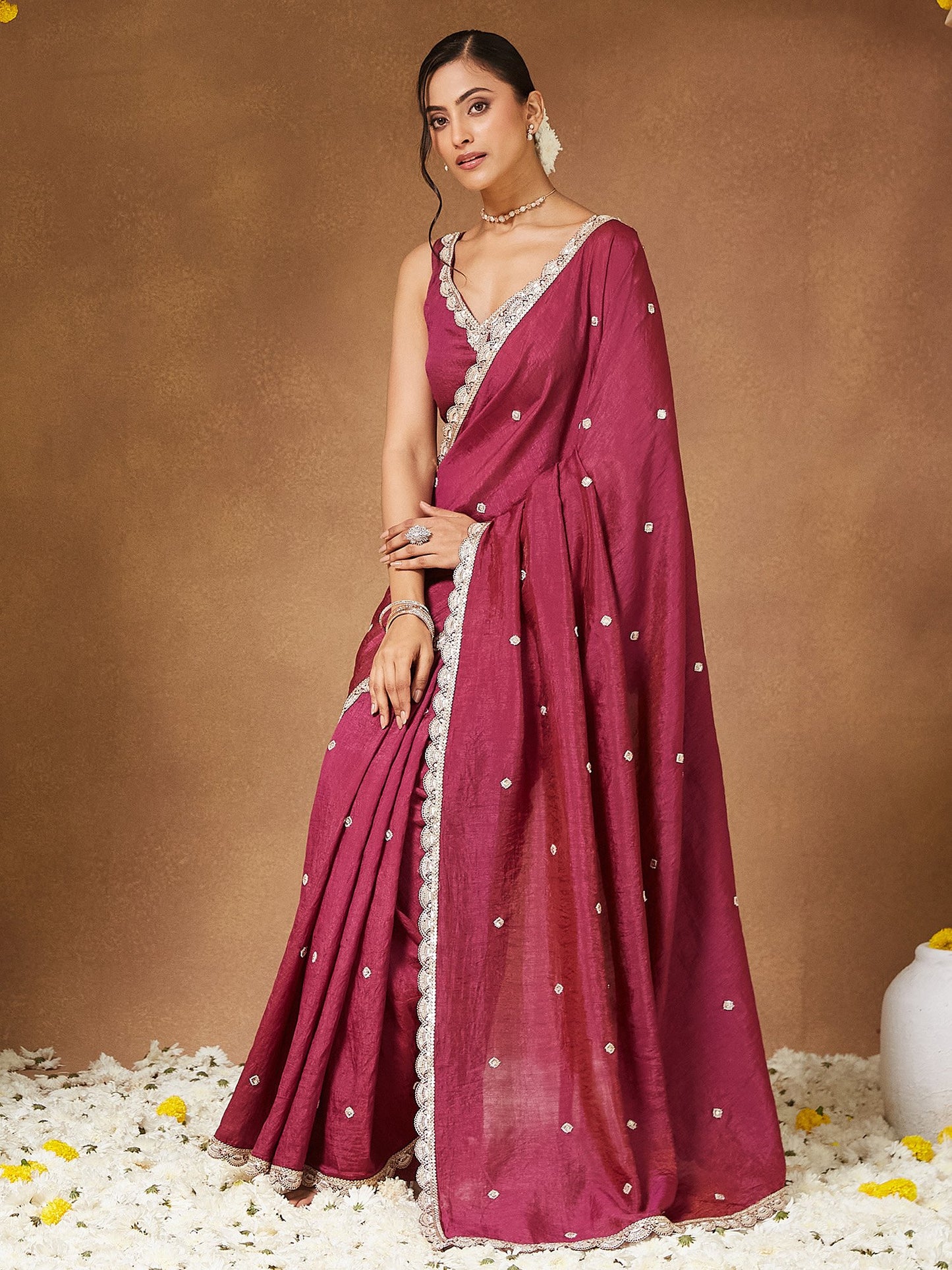 Pink Party Wear Vichitra Silk Embellished Saree