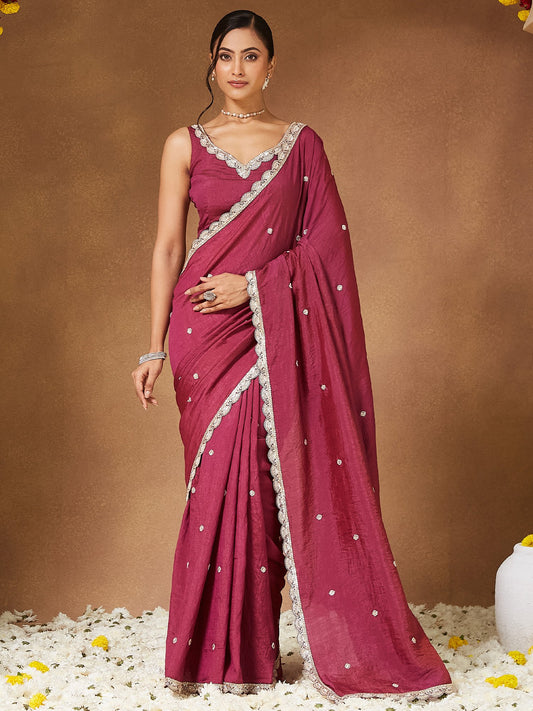Pink Pink Party Wear Vichitra Silk Embellished Saree