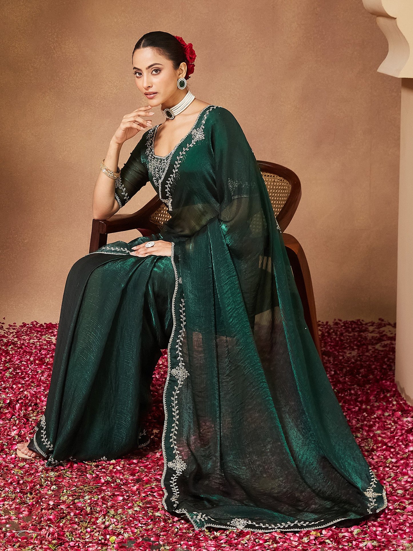 Green Party Wear Chiffon Embellished Saree