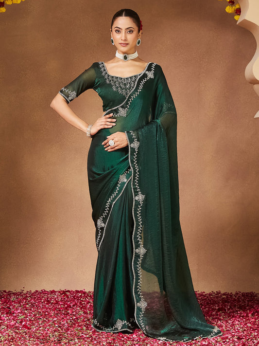 Green Green Party Wear Chiffon Embellished Saree