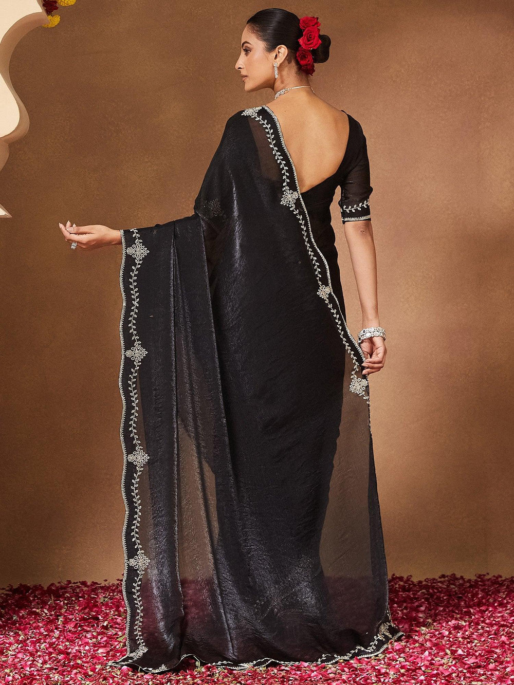 Black Party Wear Chiffon Embellished Saree - The Dori Store