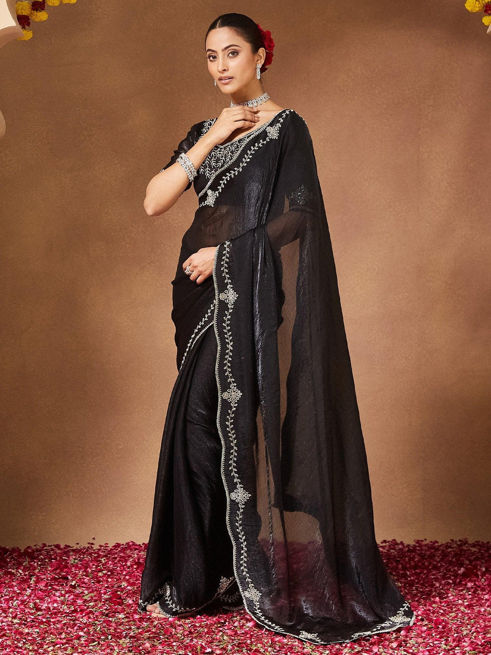 Black Party Wear Chiffon Embellished Saree - The Dori Store