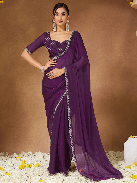 Purple Purple Party Wear Georgette Embellished Saree