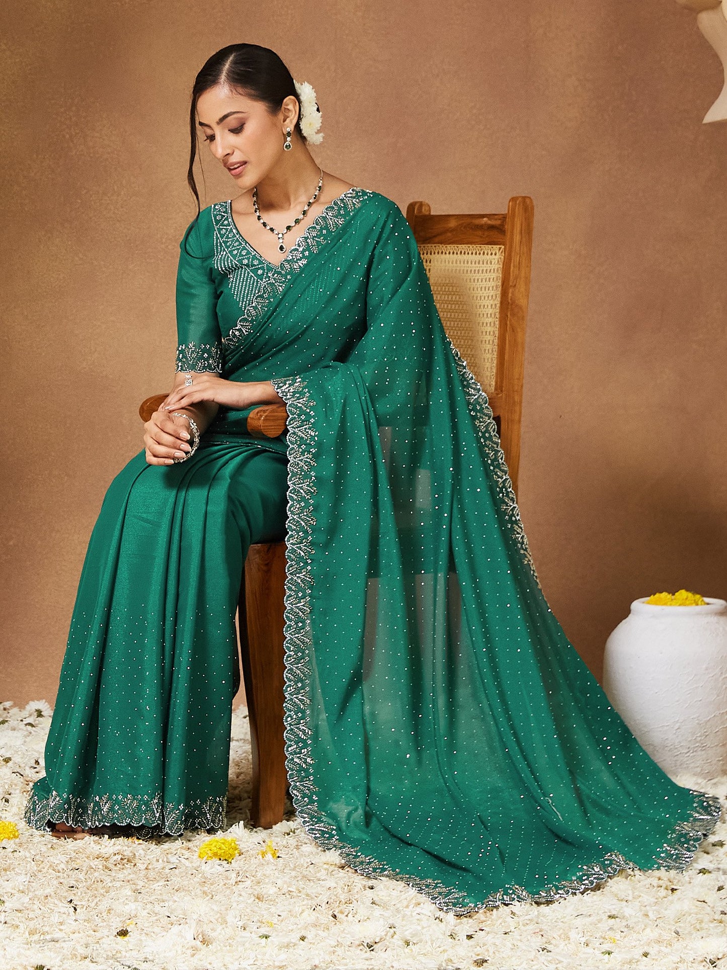 Teal Party Wear Georgette Embellished Saree