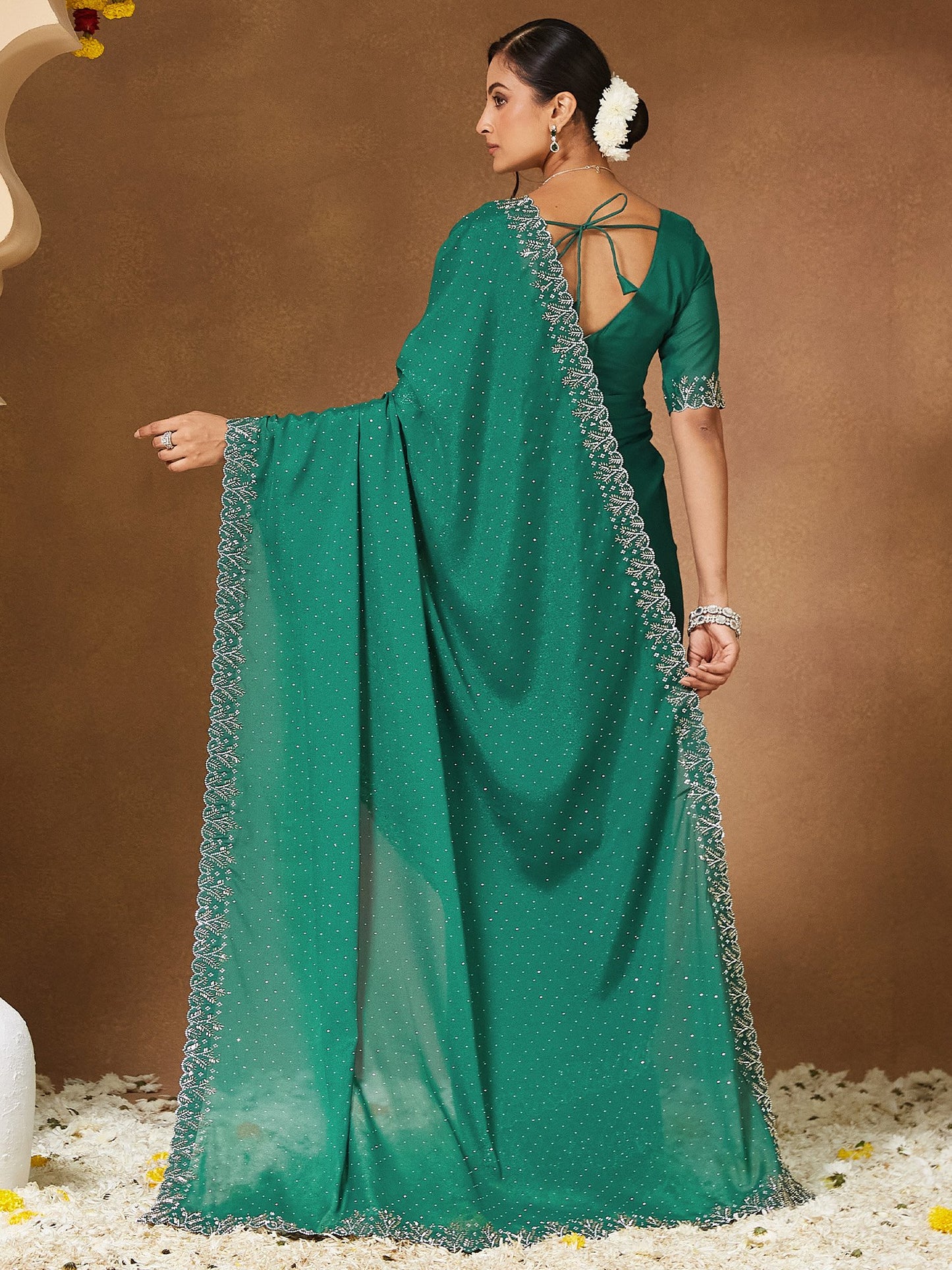 Teal Party Wear Georgette Embellished Saree