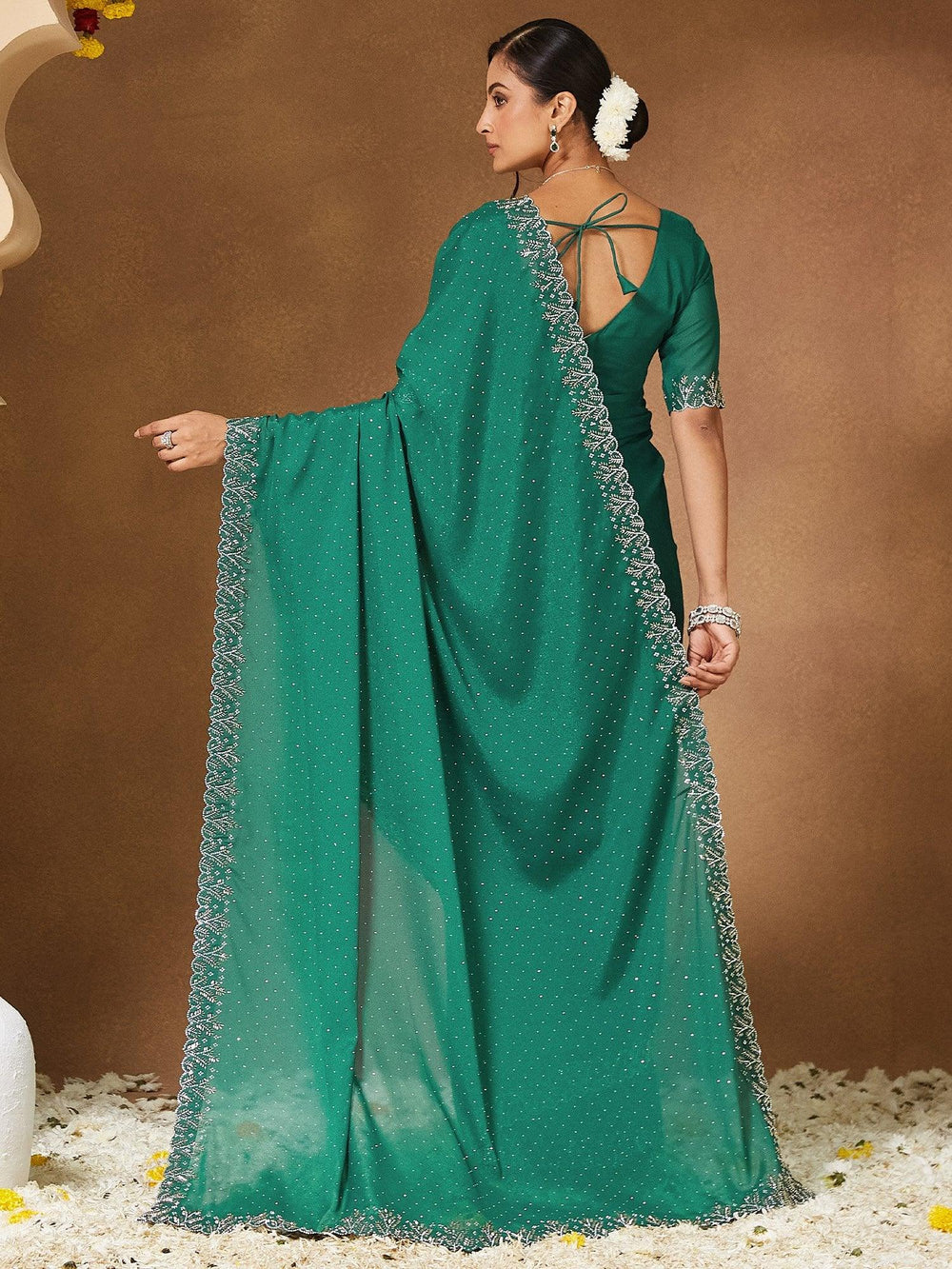 Teal Green Party Wear Georgette Embellished Saree - The Dori Store