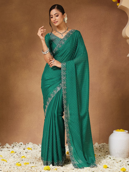 Green Teal Party Wear Georgette Embellished Saree