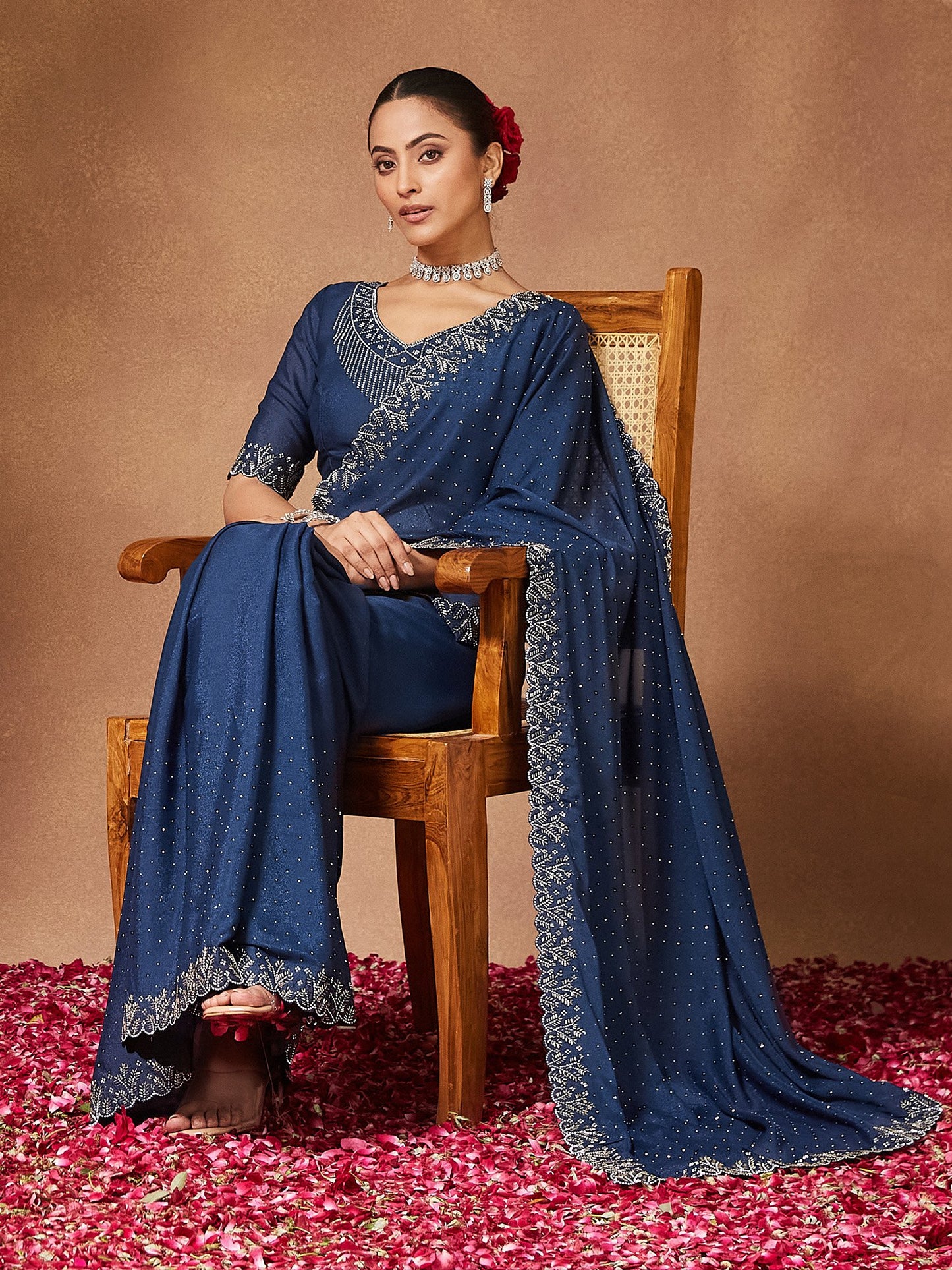 Teal Party Wear Georgette Embellished Saree