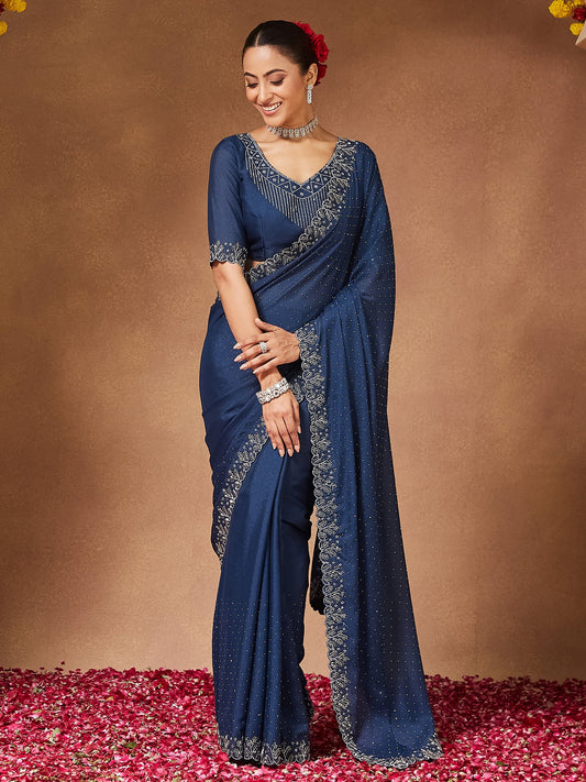 Blue Teal Party Wear Georgette Embellished Saree