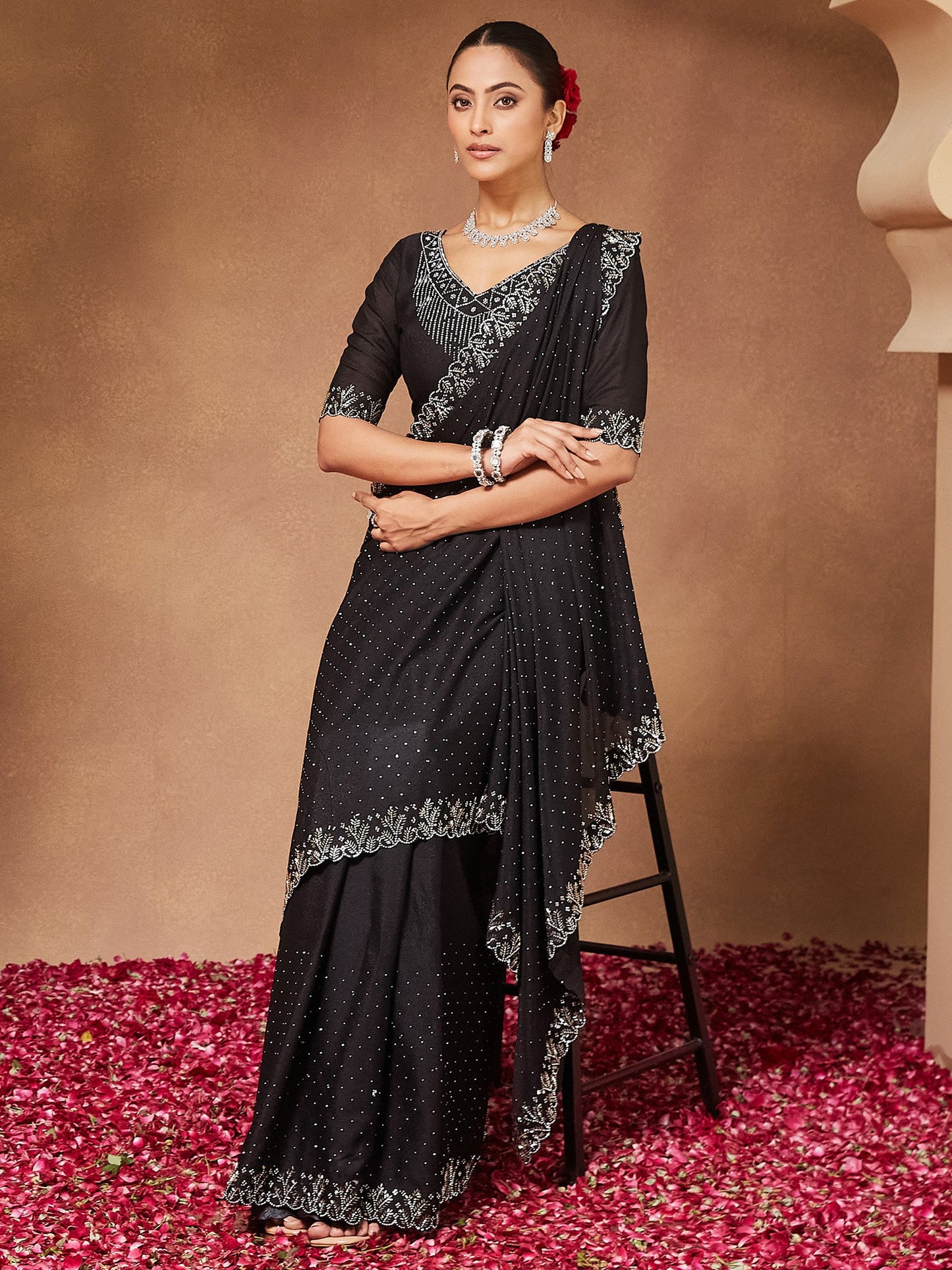 Black Party Wear Georgette Embellished Saree
