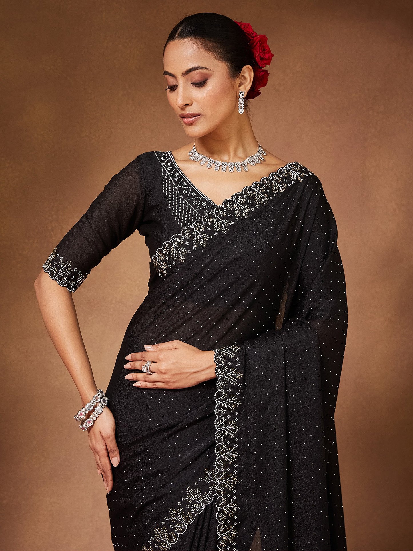 Black Party Wear Georgette Embellished Saree