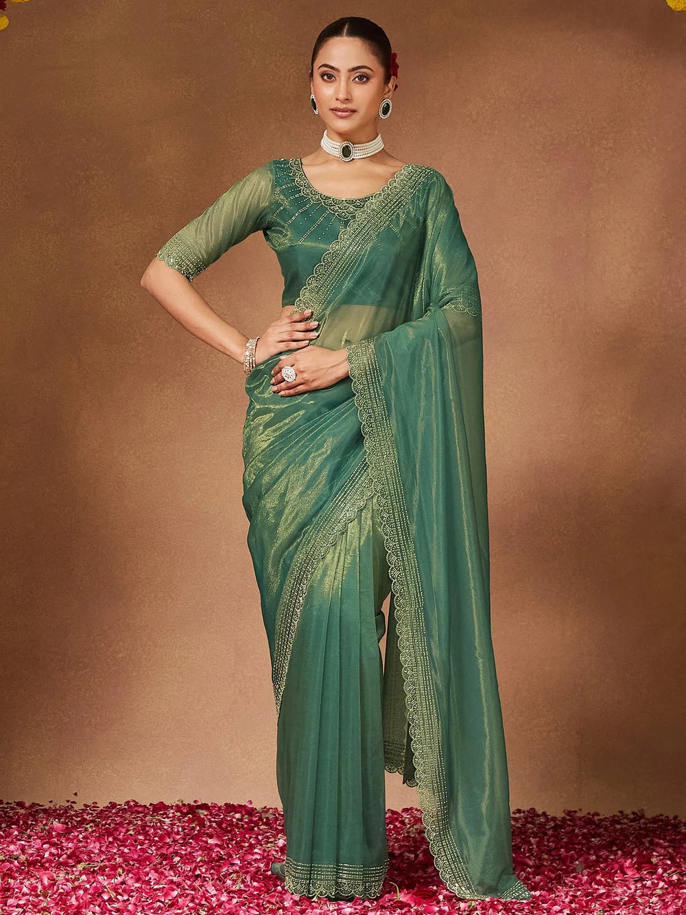 Green Party Wear Georgette Embellished Saree - The Dori Store