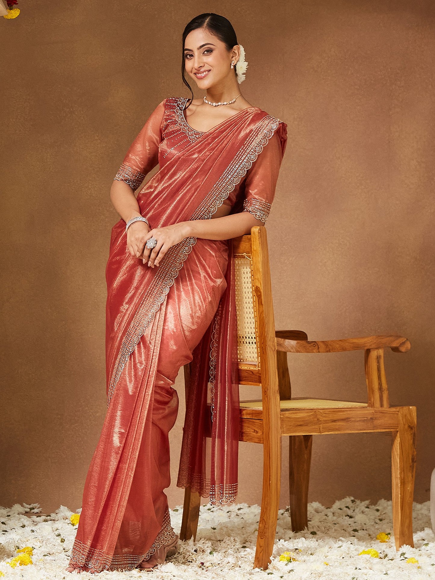 Brown Party Wear Georgette Embellished Saree