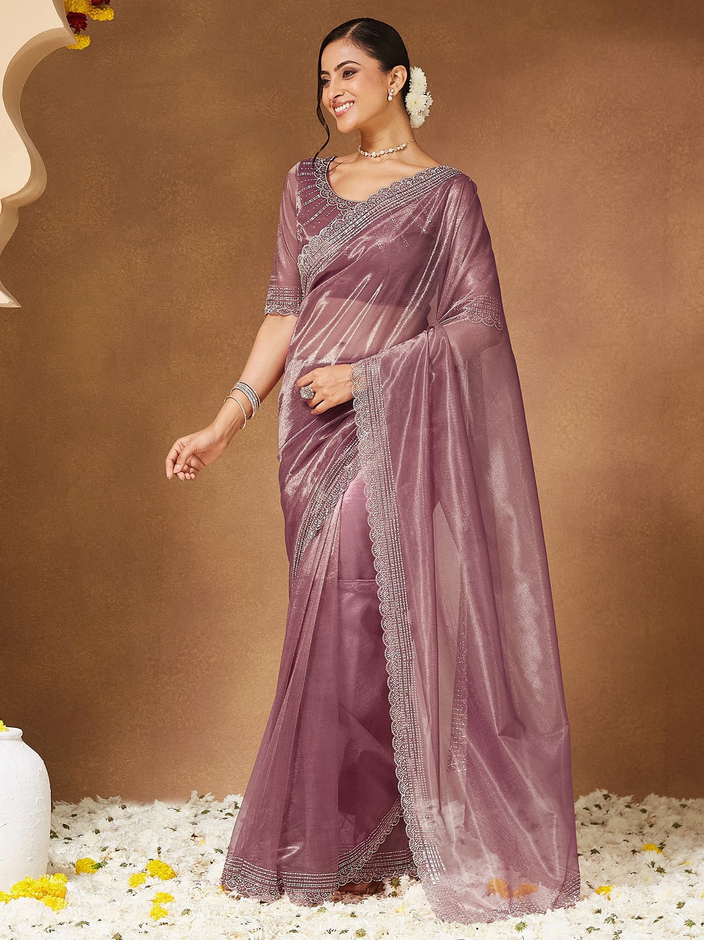 Pink Party Wear Georgette Embellished Saree