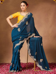 Teal Blue Party Wear Vichitra Silk Embellished Saree - The Dori Store