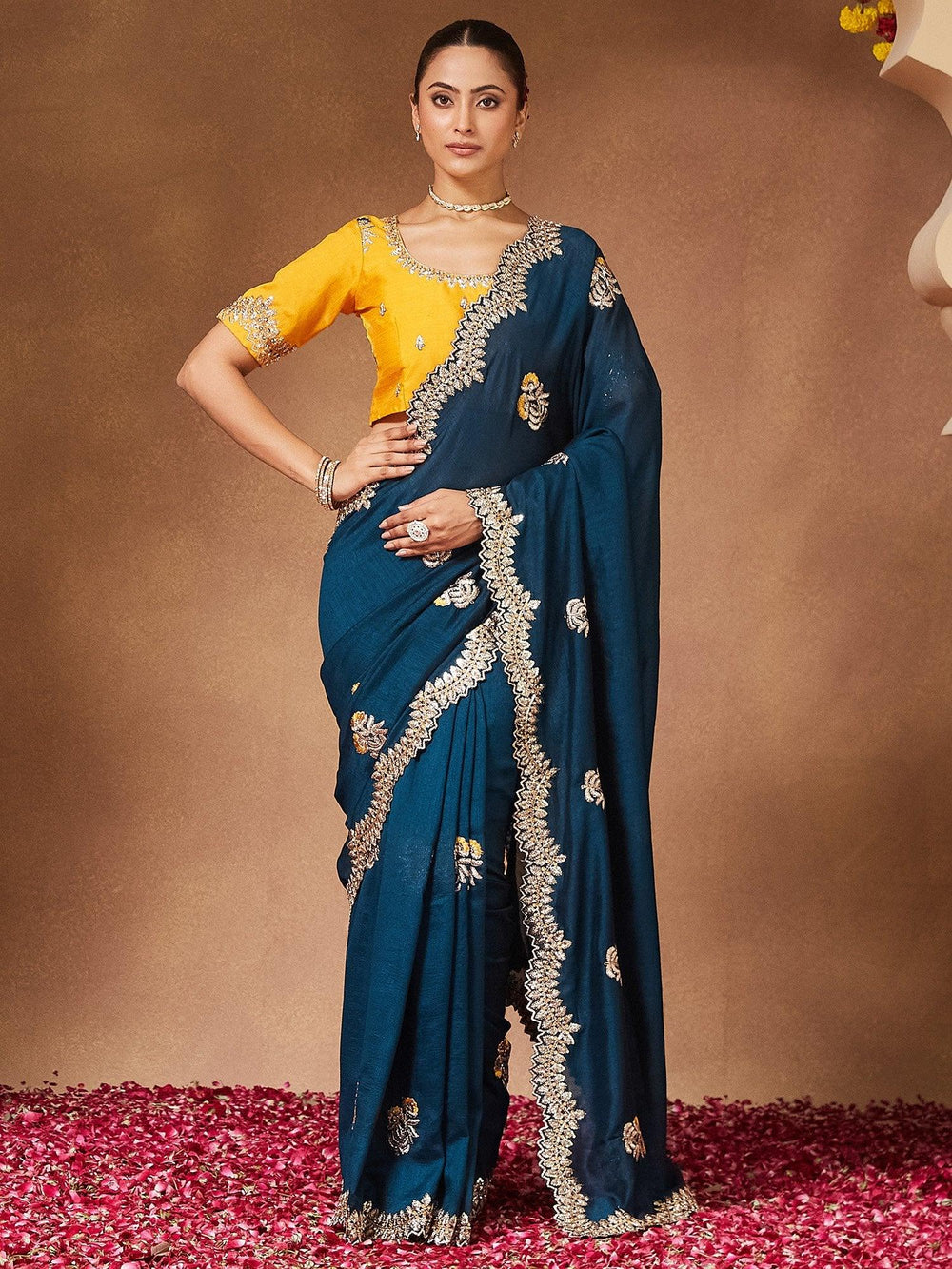 Teal Blue Party Wear Vichitra Silk Embellished Saree - The Dori Store