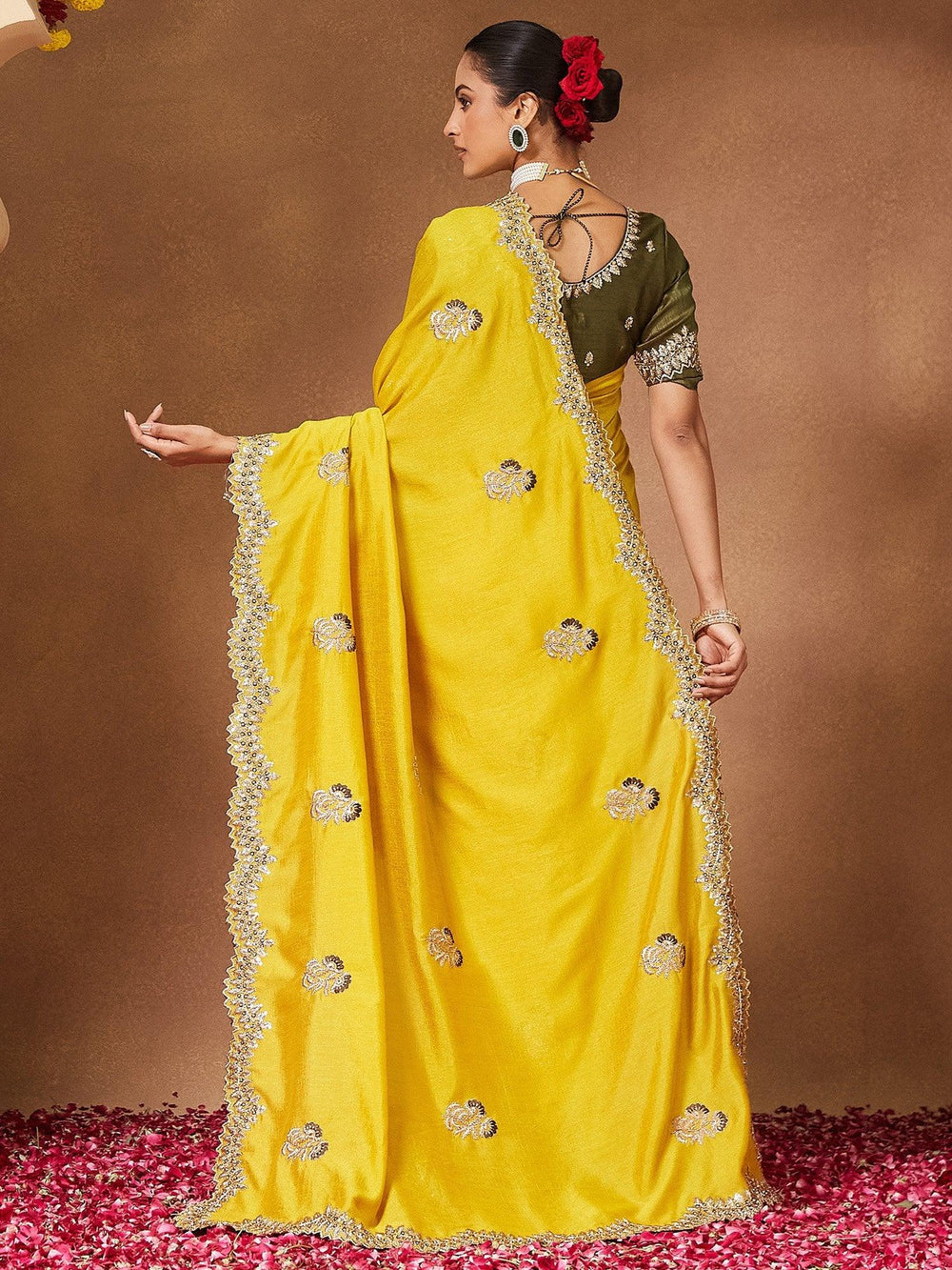 Lemon Party Wear Vichitra Silk Embellished Saree - The Dori Store