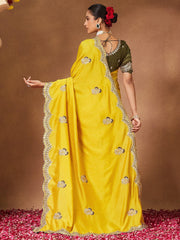 Lemon Party Wear Vichitra Silk Embellished Saree - The Dori Store