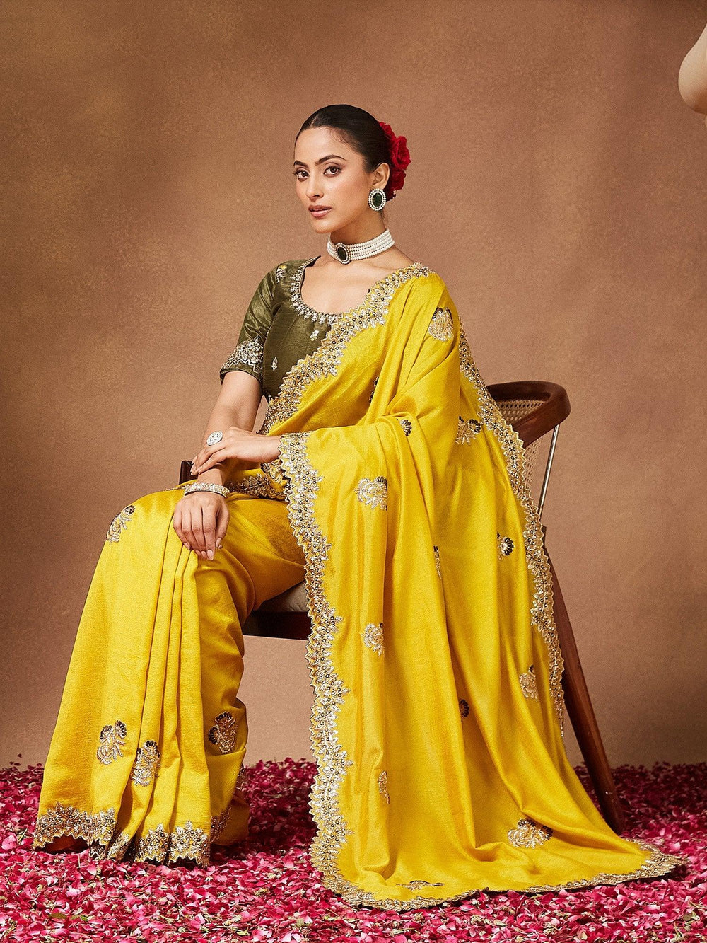 Lemon Party Wear Vichitra Silk Embellished Saree - The Dori Store
