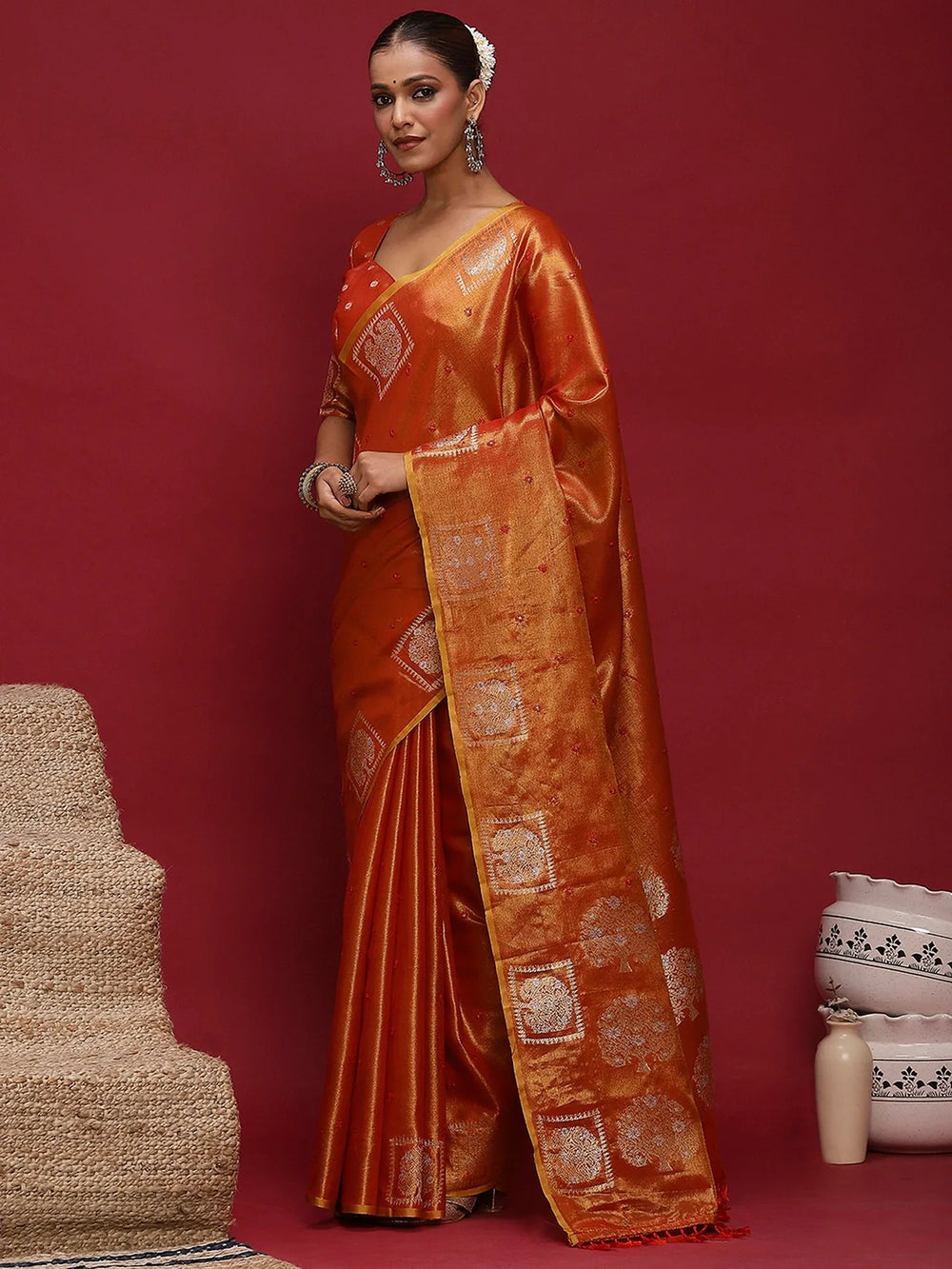 Red Tussar Linen Woven Saree - The Dori Store