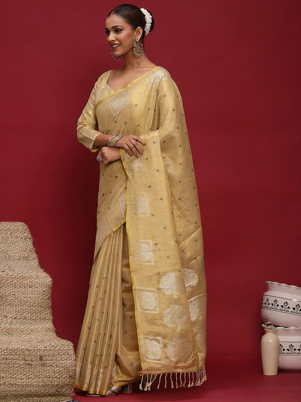 Cream Tussar Linen Woven Saree - The Dori Store