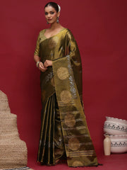 Green Banarasi Linen Woven Saree - The Dori Store
