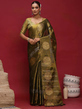 Green Banarasi Linen Woven Saree - The Dori Store