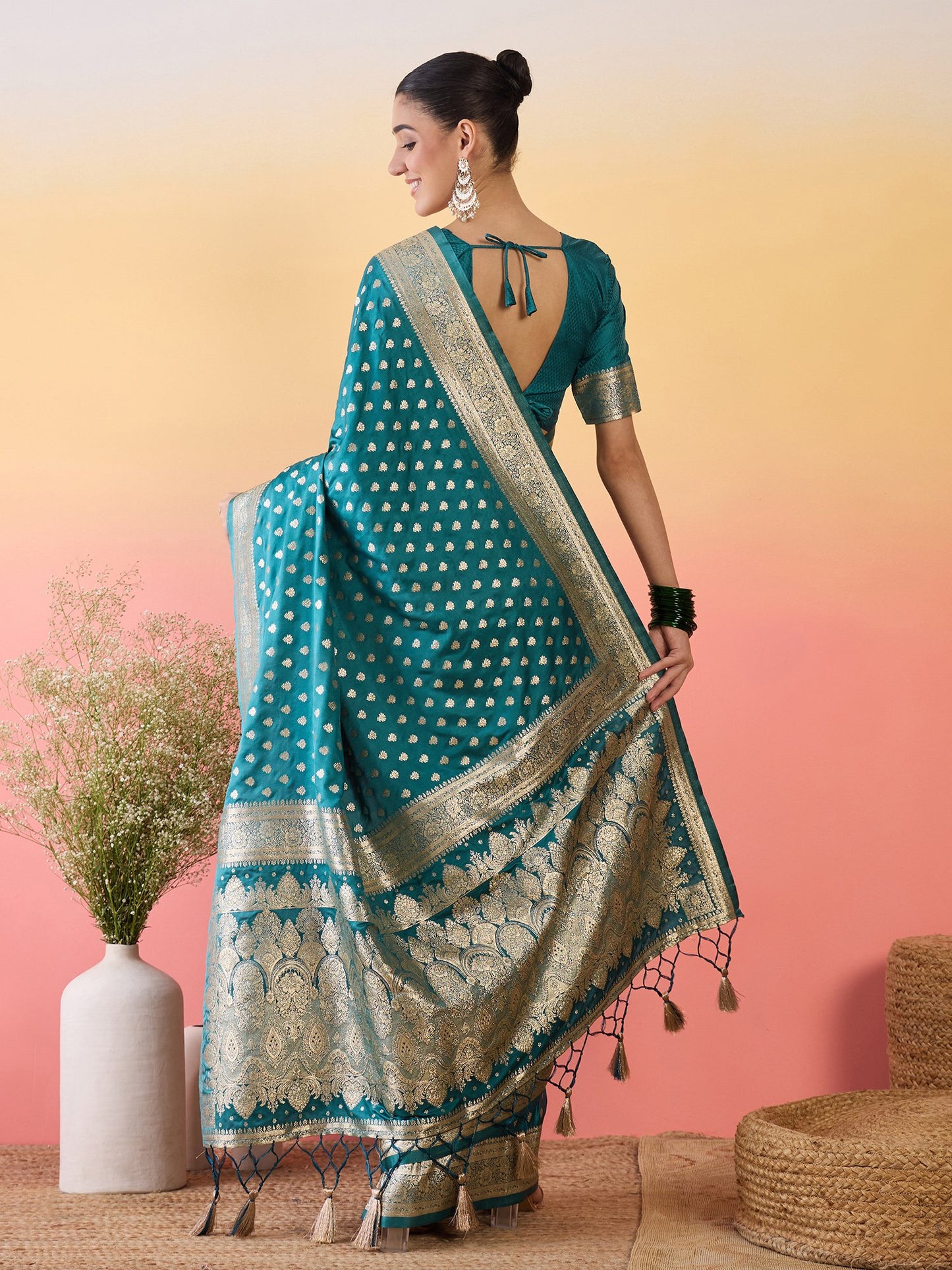 Teal Banarasi Satin Silk Woven Saree