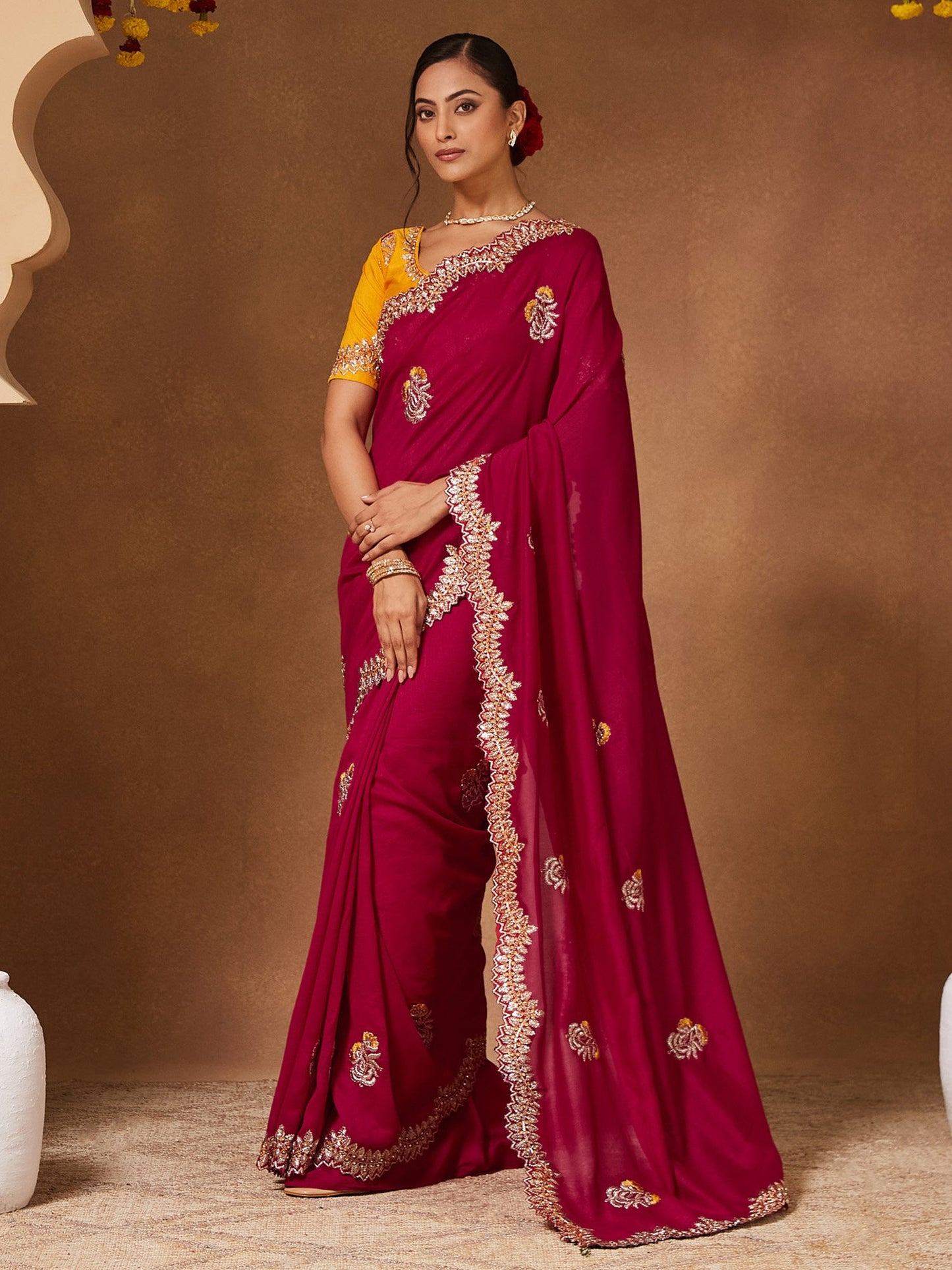 Pink Party Wear Vichitra Silk Embellished Saree