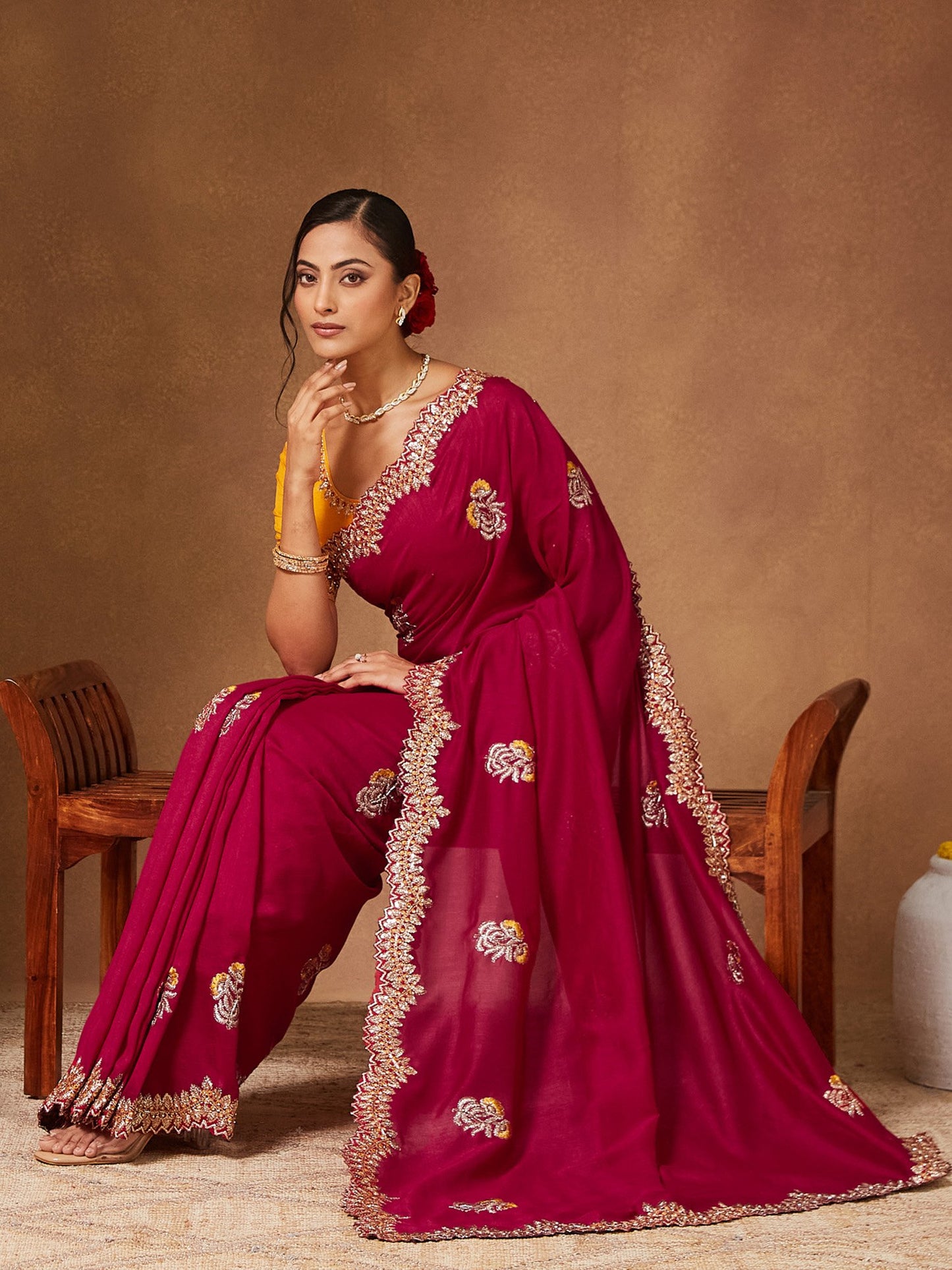 Pink Party Wear Vichitra Silk Embellished Saree
