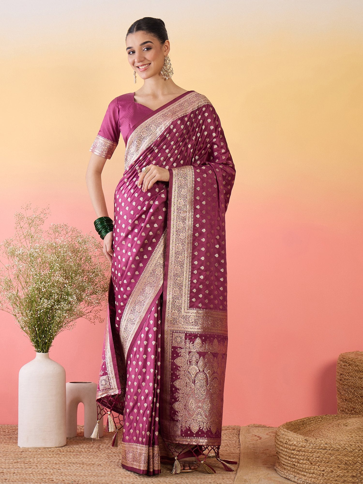 Purple Mauve Banarasi Satin Silk Woven Saree