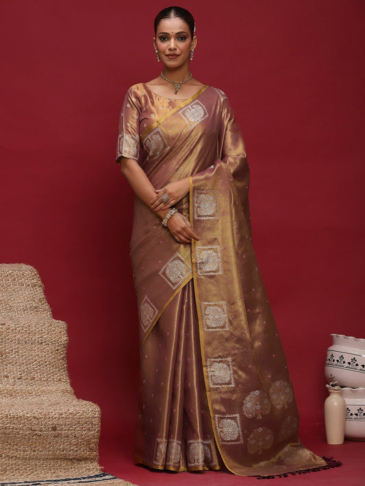 Brown Brown Tussar Linen Woven Saree