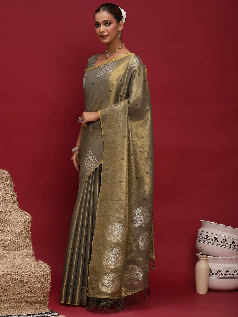 Olive Tussar Linen Woven Saree - The Dori Store