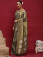 Olive Tussar Linen Woven Saree - The Dori Store