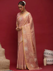 Peach Tussar Linen Woven Saree - The Dori Store