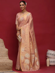 Peach Tussar Linen Woven Saree - The Dori Store