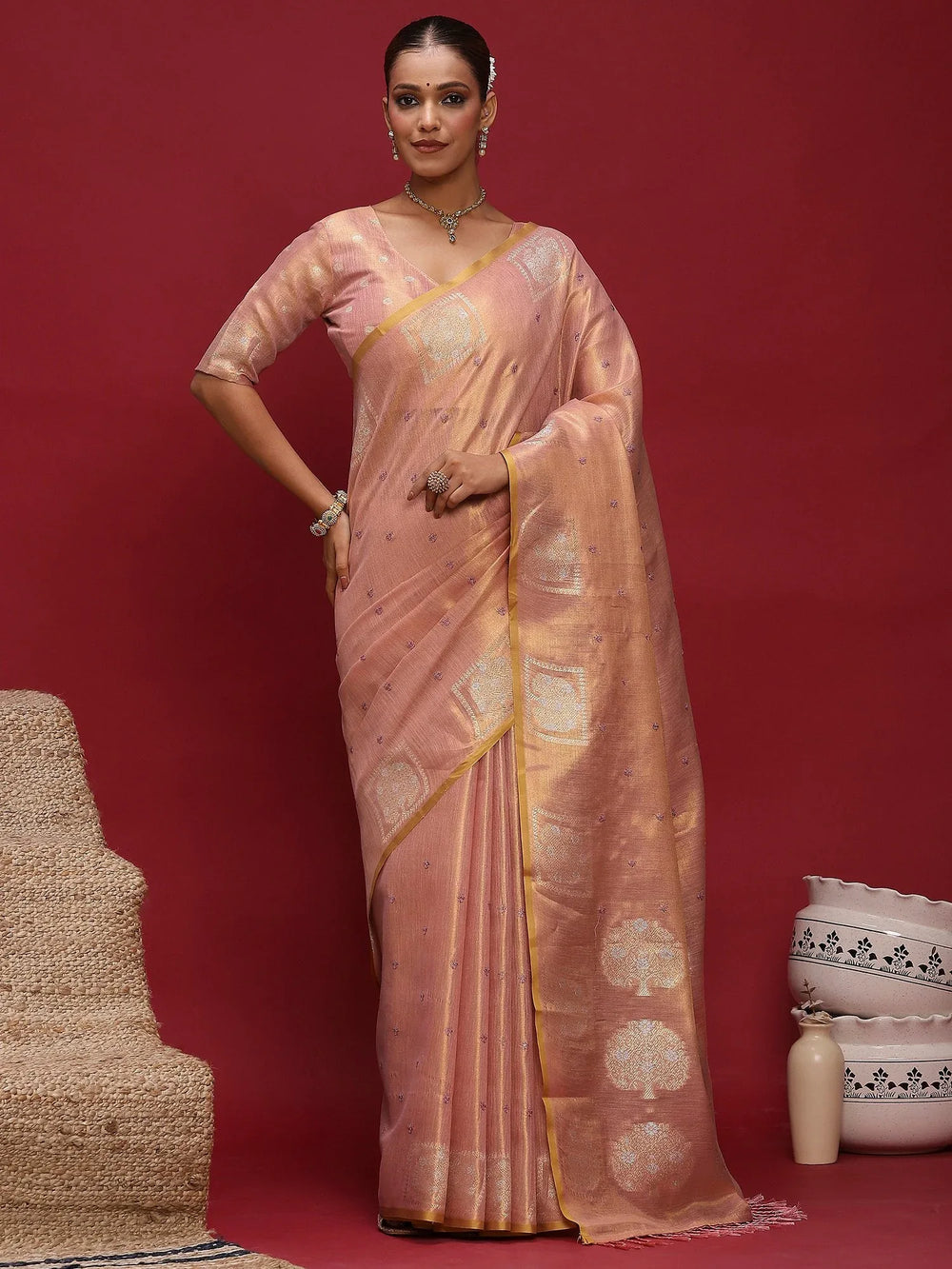 Peach Tussar Linen Woven Saree - The Dori Store