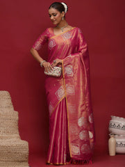Pink Tussar Linen Woven Saree - The Dori Store