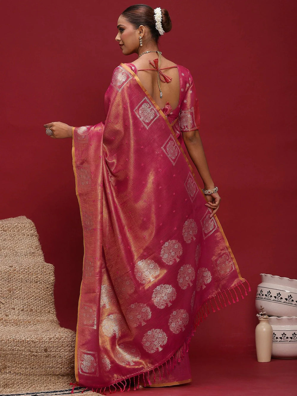 Pink Tussar Linen Woven Saree - The Dori Store