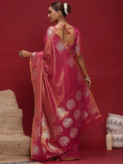 Pink Tussar Linen Woven Saree - The Dori Store