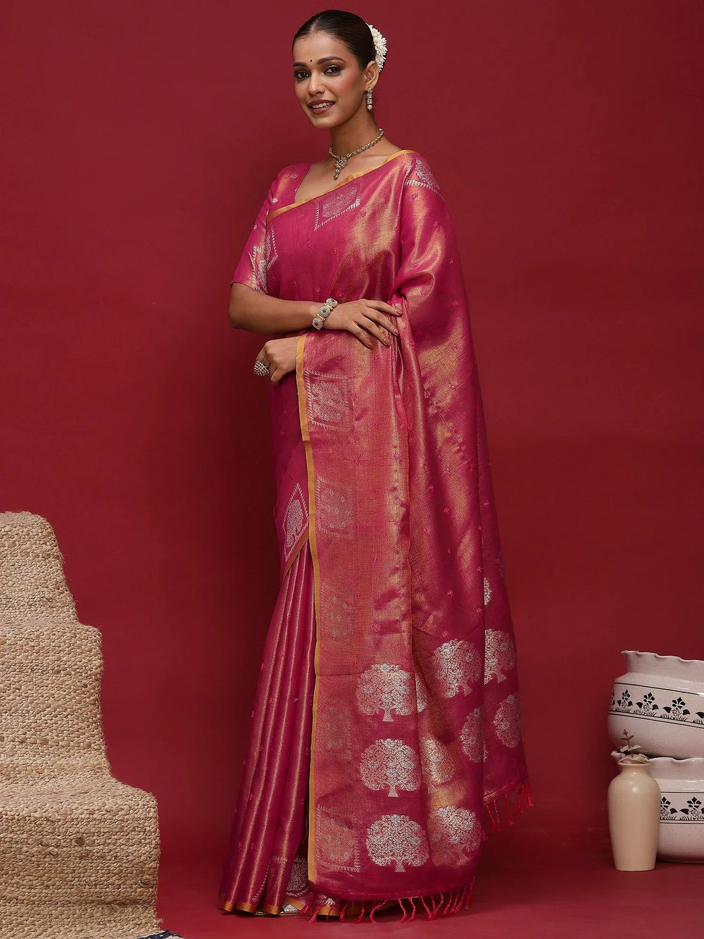 Pink Tussar Linen Woven Saree - The Dori Store
