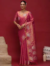 Pink Tussar Linen Woven Saree - The Dori Store