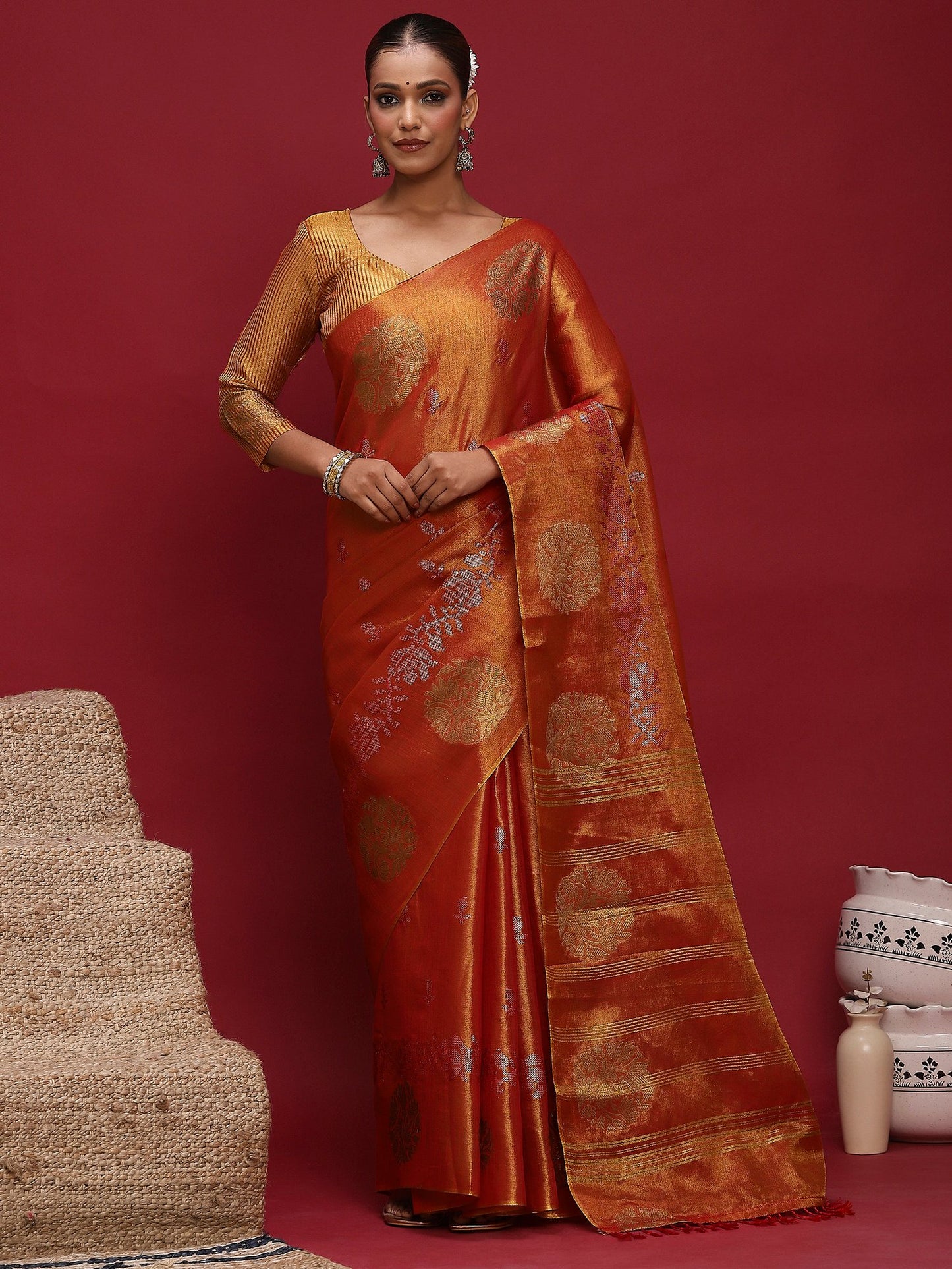 Red Banarasi Linen Woven Saree