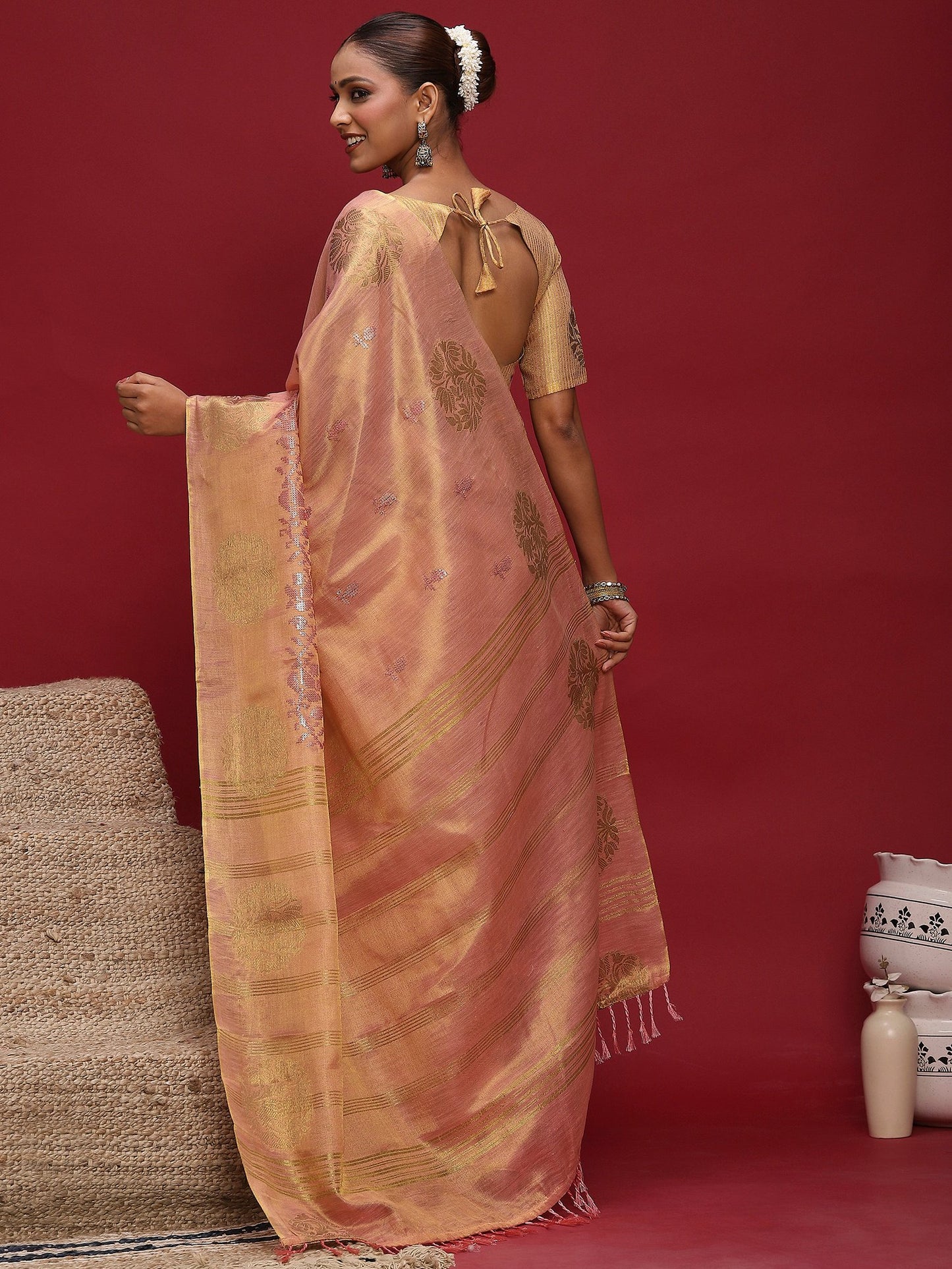 Peach Banarasi Linen Woven Saree